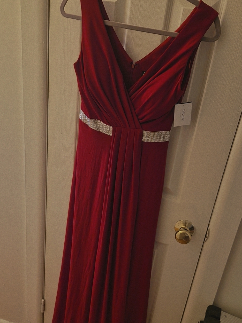 David's Bridal Deep Red Sleeveless V-Neck Maxi Dress with Rhinestone Waist
